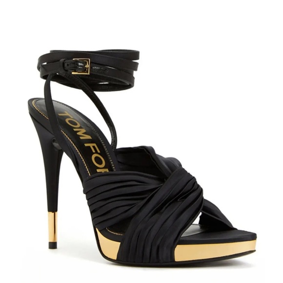 TOM FORD Pleated Satin Ankle-Wrap Platform Sandals - Black Size 37 NWT - Picture 3 of 17